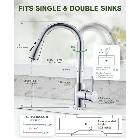 VFAUOSIT Chrome Kitchen Faucet with Sprayer Pull Down Faucet NEW - Picture 3 of 5